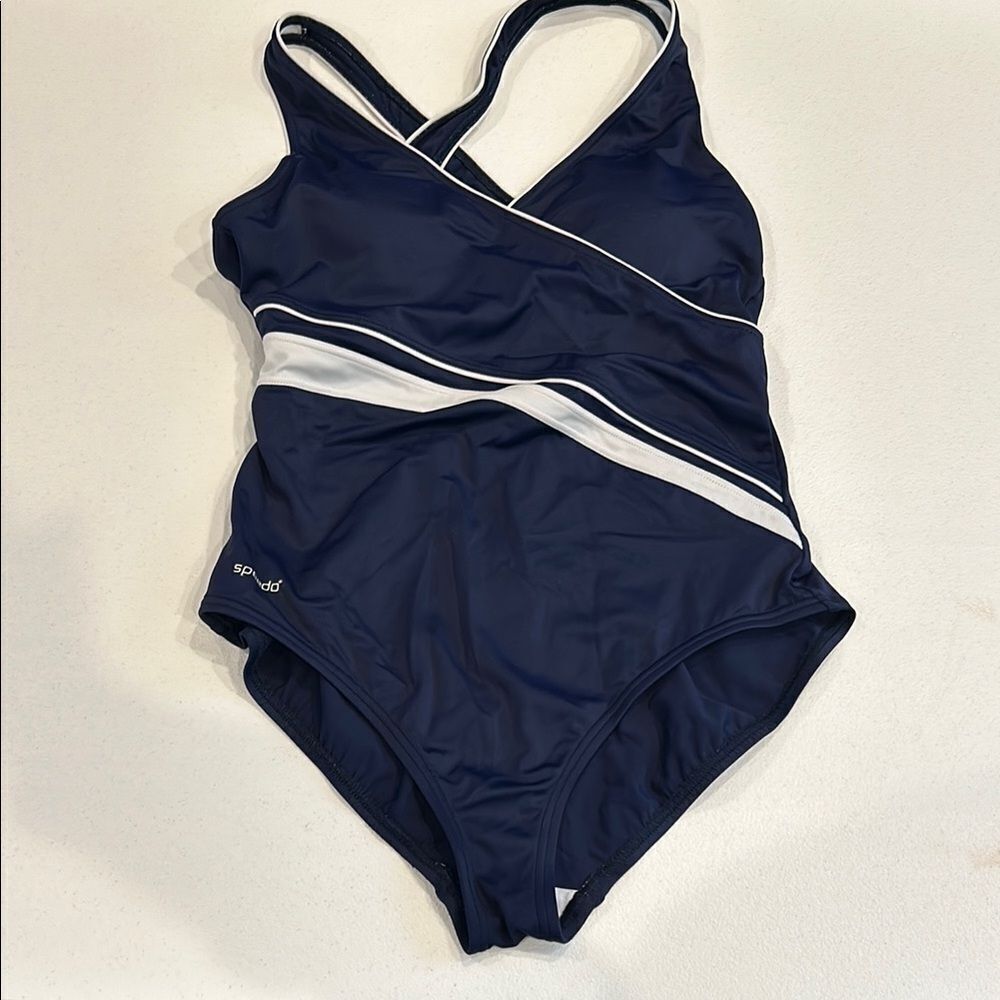 Speedo Swimsuit One Piece Women’s Navy Blue & White Bathing Suit Size 12